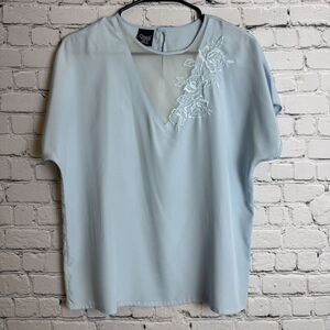 Vintage Catalina Silky Sheer Short Sleeve Top Light Blue Floral Boxy Size MEDIUM